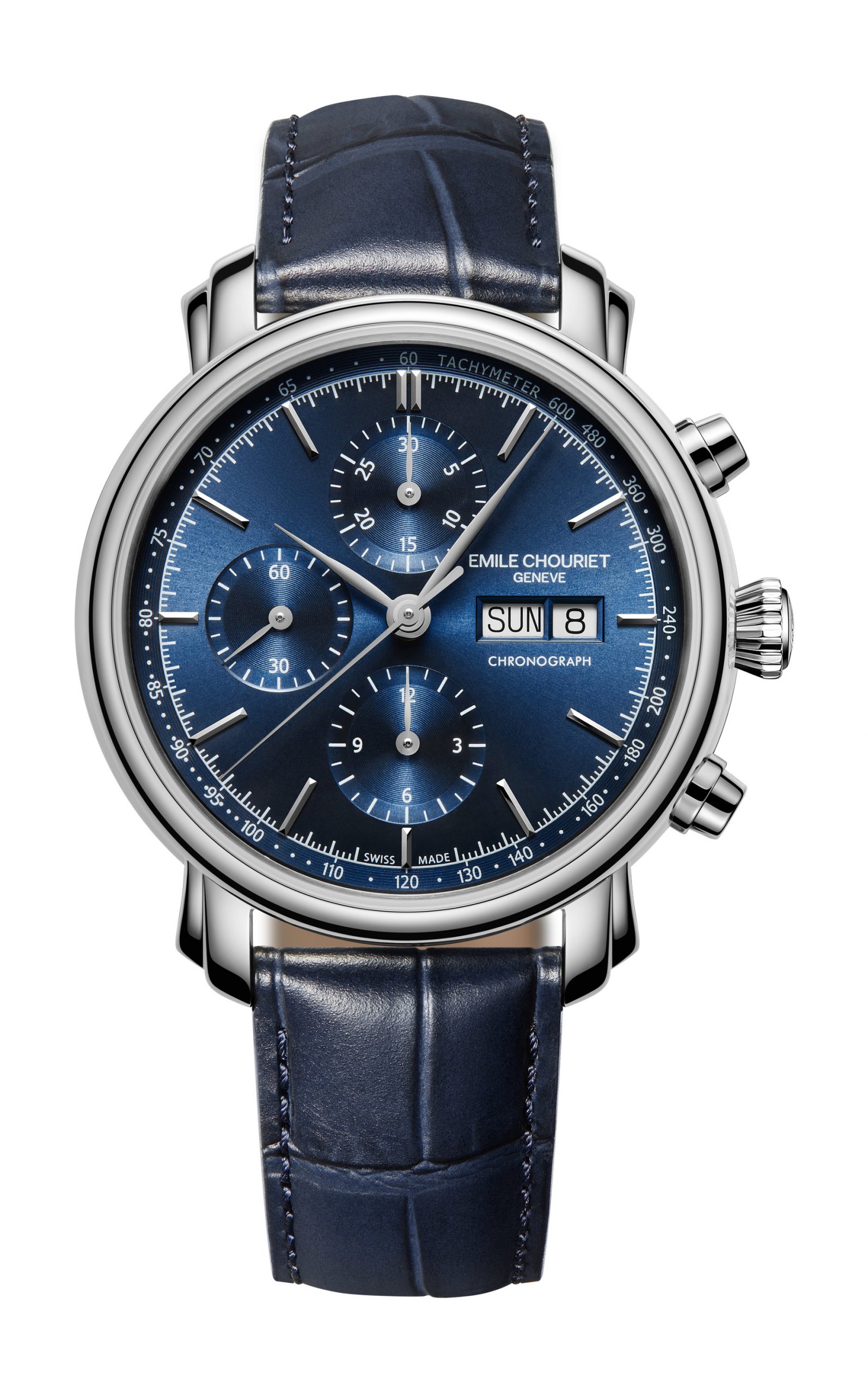 Foto de referência: Emile Chouriet Lac Léman Chronograph, Mostrador azul · Couro azul