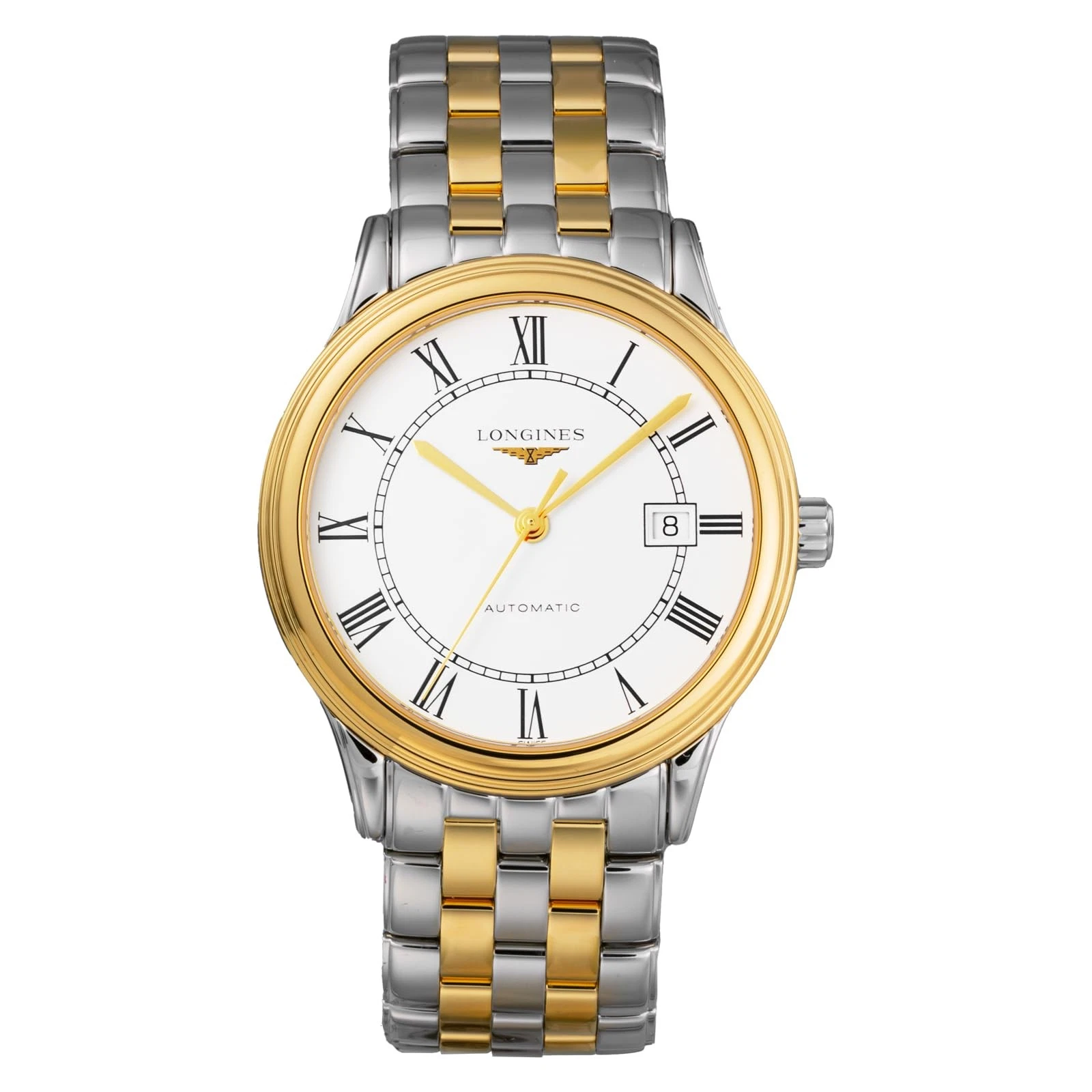 Imagem de catálogo do Longines Flagship bicolor com acabamento PVD dourado sobre fundo branco