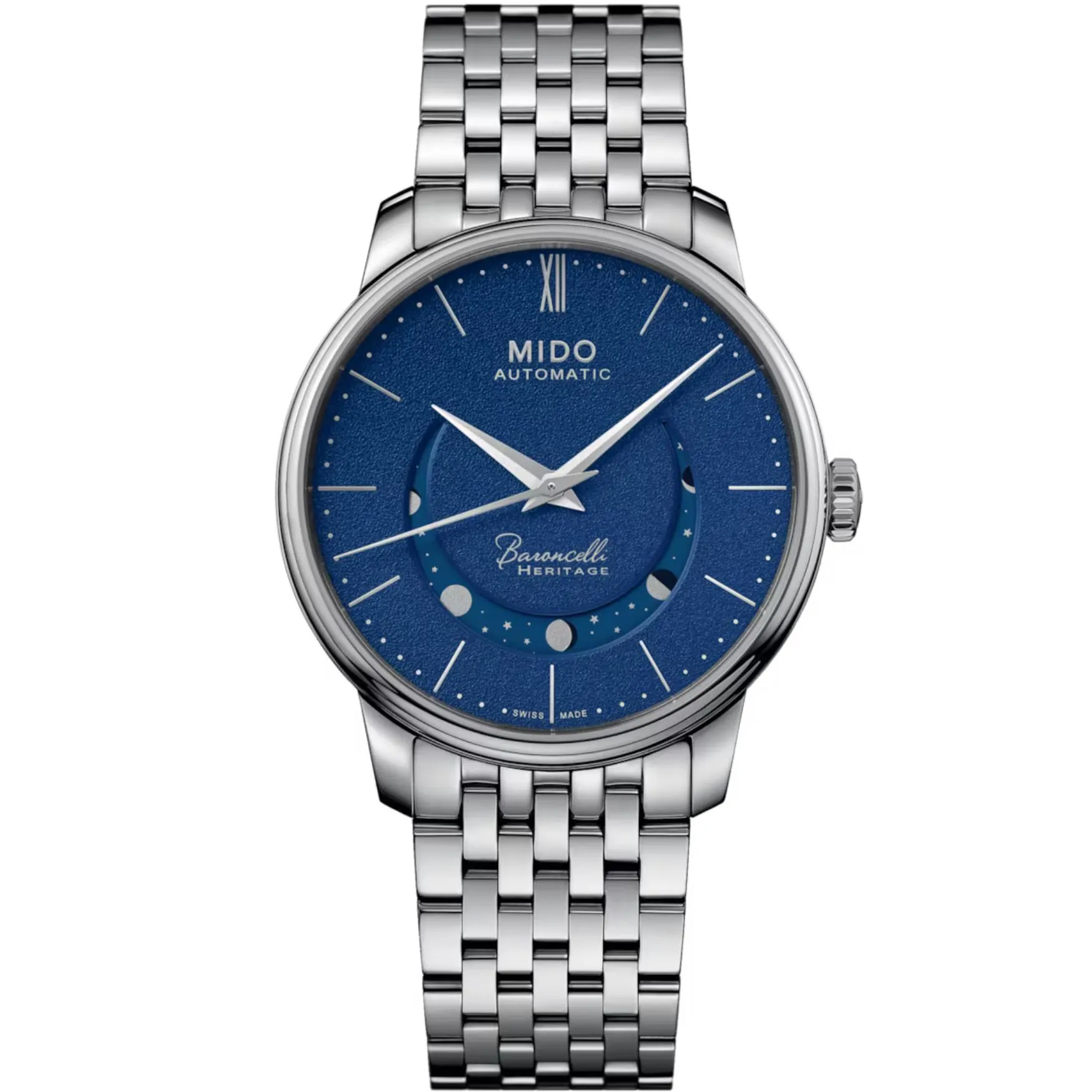 Imagem do modelo Mido Baroncelli Smiling Moon Gent com mostrador azul e pulseira de aço sobre fundo branco