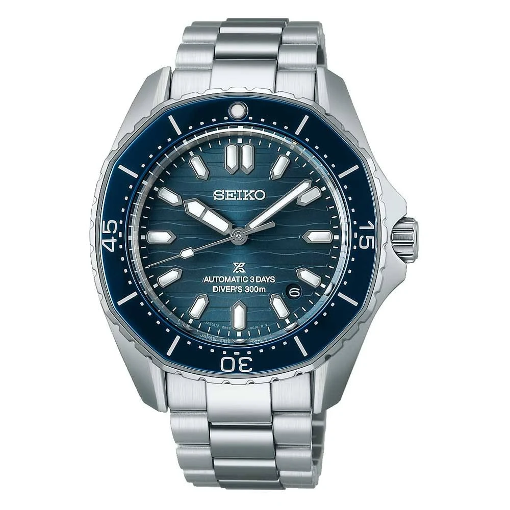Imagem de catálogo do Seiko Prospex SPB483J1, mostrador e aro azuis e pulseira de aço